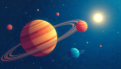 Colorful Outer Space Illustration of Planets and Stars in Bright Sunlight
