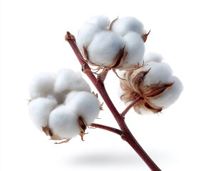 Three fluffy cotton bolls on a thin branch isolated on white background