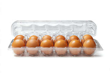 A dozen brown chicken eggs neatly arranged in a clear plastic carton isolated on white background