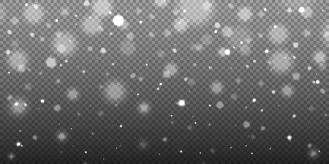 Falling bokeh snow flakes on transparent background. Winter Christmas and New Year decoration effect overlay. Stock vector illustration in realistic style.
