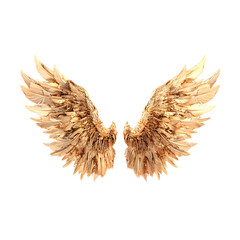 A majestic pair of golden amber wings spreading wide, a divine symbol of spiritual freedom and hope, isolated on a white background