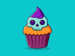 Spooky Halloween Cupcake with Skull Face and Purple Frosting on a Teal Background