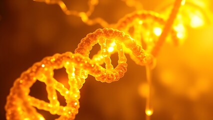 Obraz premium Glowing DNA helix intertwined with golden strands, symbolizing regenerative medicine breakthroughs.