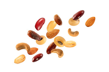 Falling different nuts isolated on white background.