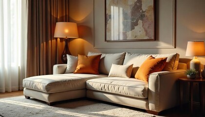 Obraz premium Luxurious hotel room featuring plush, oversized cushions on a comfortable sofa, inviting relaxation and comfort , throw pillows, cushions, residence