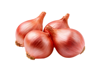 Four whole raw shallots with their papery red skin. Known for their mild, sweet flavor, they are an essential aromatic base in countless recipes.