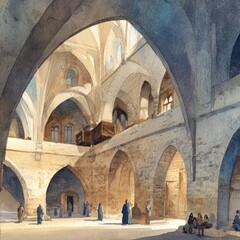 Fototapeta premium A sunlit watercolor painting depicting the interior of a grand, ancient stone hall with multiple arched passageways, a raised wooden structure, and several figures scattered throughout the space