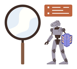 Robot holding a shield beside a magnifying glass and checklist. Ideal for research, analysis, cybersecurity, technology, protection, AI innovation, and futuristic exploration. Simple flat metaphor