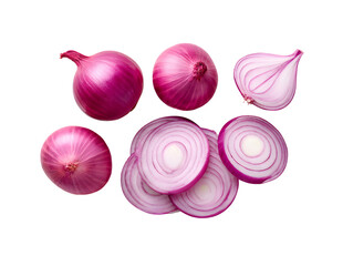 Fresh red onions shown whole, halved, and sliced into rings. Their vibrant color and crisp texture make them perfect for salads, sandwiches, and garnishes.