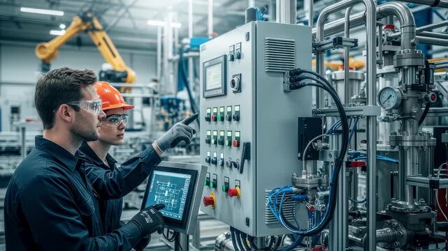 Engineers calibrating plasma arc control panel on wastegasification skid in a brightly lit factory showcasing process automation.