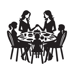 Family dinner around table vector silhouette outline logo design concept illustration