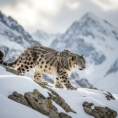 Fototapeta premium Majestic Snow Leopard on Snowy Mountain.