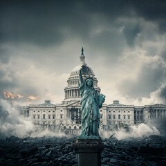 Statue of Liberty stands defiant amid apocalyptic ruins of US Capitol building under dramatic stormy skies symbolizing national crisis