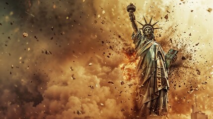 Statue of Liberty destroyed in massive explosion with debris and flames symbolizing American collapse crisis and catastrophic national disaster scenario