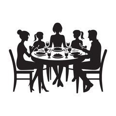 Family dinner around table vector silhouette outline logo design concept illustration