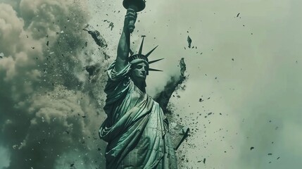 The Statue of Liberty crumbling and decaying, representing a crisis of freedom, democracy, and societal decline in the USA