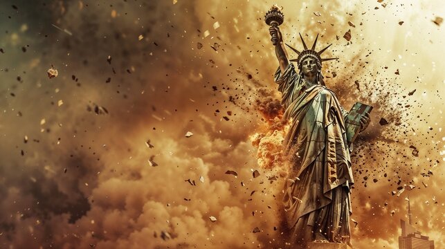 Statue of Liberty destroyed in massive explosion with debris and flames symbolizing American collapse crisis and catastrophic national disaster scenario