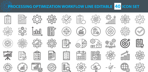 Business Process Optimization Workflow Line Icons – 40 Editable Vector Icon Set