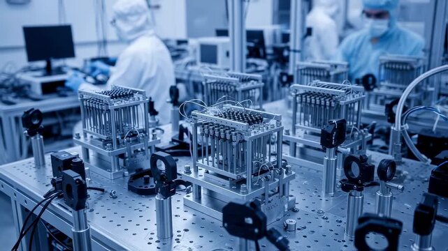 Detailed shot of microactuator assemblies mounted on a test bench within an adaptive optics calibration cleanroom.
