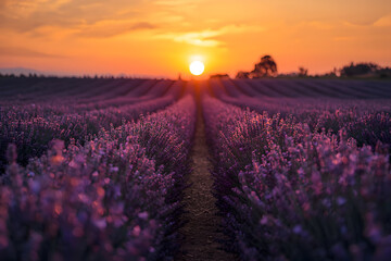 Fototapeta premium Breathtaking lavender field at sunset, showcasing vibrant purple flowers and a radiant horizon