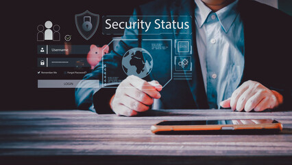 A businessman interacts with a futuristic holographic security interface. The virtual screen shows a login, a globe, and data for cybersecurity analysis at a desk.