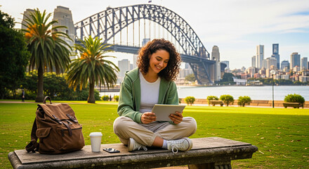 Smiling young woman using tablet in serene park with Sydney Harbour Bridge backdrop, enjoying digital lifestyle with coffee and backpack