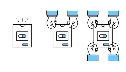 薬袋のアイコンと薬袋を受け渡しする薬剤師と患者の手のイラスト