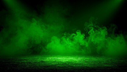 Dramatic stage backdrop with vibrant green smoke and spotlights illuminating a dark, textured surface.