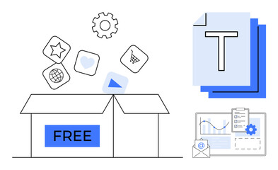 Open box labeled FREE releasing icons thumbs up heart, cart, globe, and more. Nearby, stacked documents, gear, charts and email. Ideal for productivity education marketing workflow online tools