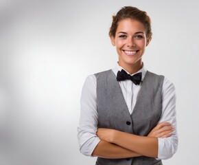 A confident young woman in a stylish gray vest and white shirt with a black bow tie smiles warmly for a professional portrait against a simple light gray background.