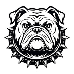 Illustration of a bulldog head with a spiked collar in black and white vector format design style