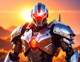 Powerful robot stands against a sunset