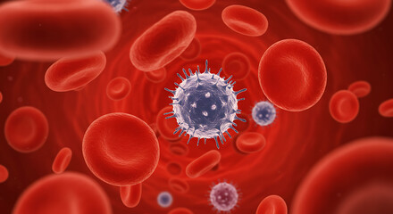 Microscopic view of red blood cells surrounding a virus, illustrating infection and the body's response.