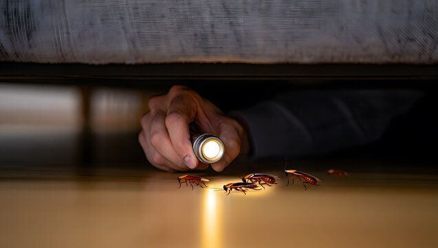 Hand with flashlight illuminating cockroaches under bed; dark, creepy, pest control wallpaper.