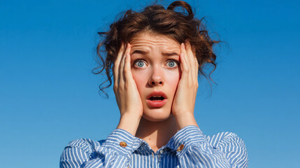 Young woman expressing shock under a clear blue sky