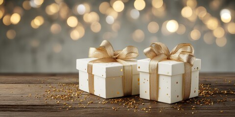 Elegant White Gift Boxes with Golden Ribbons on a Rustic Wooden Table Against a Bokeh Background