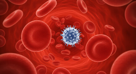 Illustration depicting red blood cells flowing around a blue virus particle within a blood vessel.