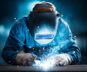 Focused industrial worker expertly welding metal, producing bright sparks and a dynamic scene.