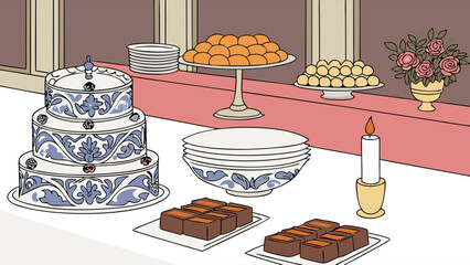 A Festive Dessert Table Sweets and Treats Illustration.
