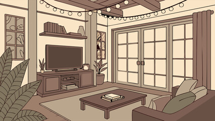 Cozy Living Room Interior Design Evening Atmosphere Flat Illustration Home Decor Comfortable Furniture TV and Bookshelf.