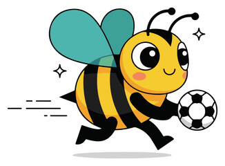 Cartoon bee running with a soccer ball in hand.