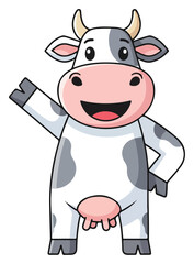 Cartoon cow waving hello with a big smile and happy face.
