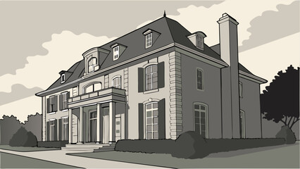 Grand Mansion House Exterior Architectural Design Home Exterior Illustration Real Estate Illustration Classic Style Home Residential Building House Drawing Elegant Home Design Suburban Home Property .