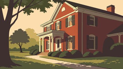 Illustration of a classic home exterior with landscaped grounds.