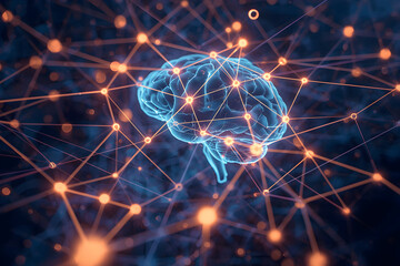 Conceptual representation of the human brain linked to a digital neural network
