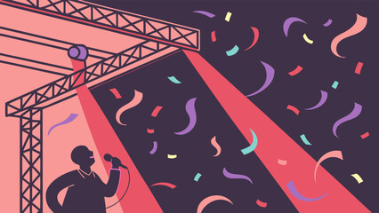 Stage performer silhouette with confetti and stage lights.