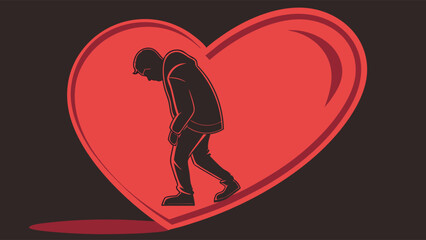 Silhouette of person inside of a red heart on black background symbol of sadness depression love or empathy.