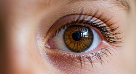 Macro view of a brown human eye with long eyelashes and visible blood vessels