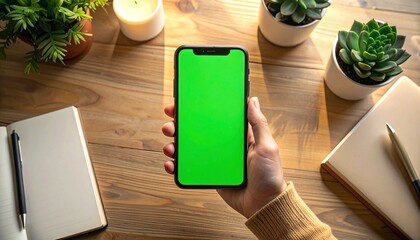 Top view of a hand holding a smartphone with a blank green screen over a cozy wooden workspace with plants and a notebook, a technology concept
