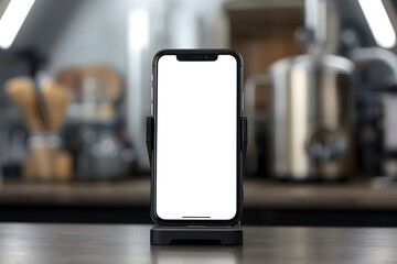 Close up of a smartphone on a stand, featuring a blank screen for easy customization and placement